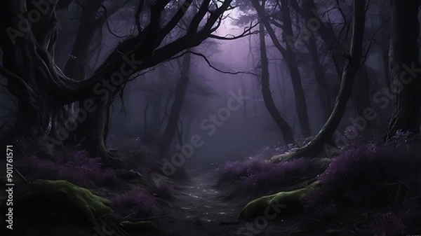 Obraz Mysterious forest in the dark night, purple and black theme foggy misty jungle, solitude and spooky woods