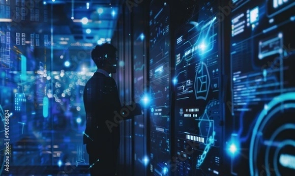 Fototapeta Businessman interacting with virtual cyber security interface, showcasing data protection and cybersecurity.