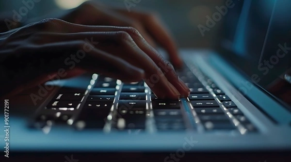 Fototapeta Hand Typing on a Keyboard: A close-up of hands typing on a sleek laptop keyboard.
