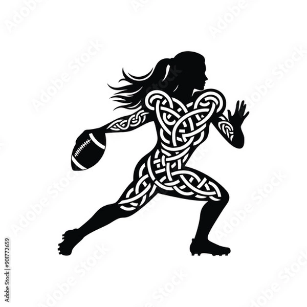 Fototapeta American football sport female player with celtic knot, nordic pattern illustration, emblem shield badge