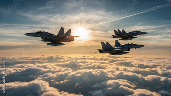 Fototapeta Fighter jets fly above the clouds