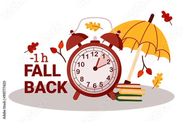 Fototapeta Fall Back, change clock back one hour. Daylight Saving Time.Autumn Fall Back 1 h.