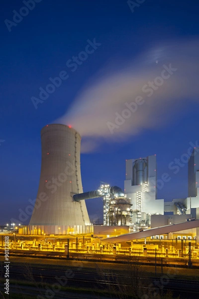 Fototapeta A modern brown coal power station with night blue evening sky.