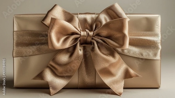 Fototapeta Opulent gift box with a metallic sheen and a large, decorative bow, showcased in a pristine, isolated environment