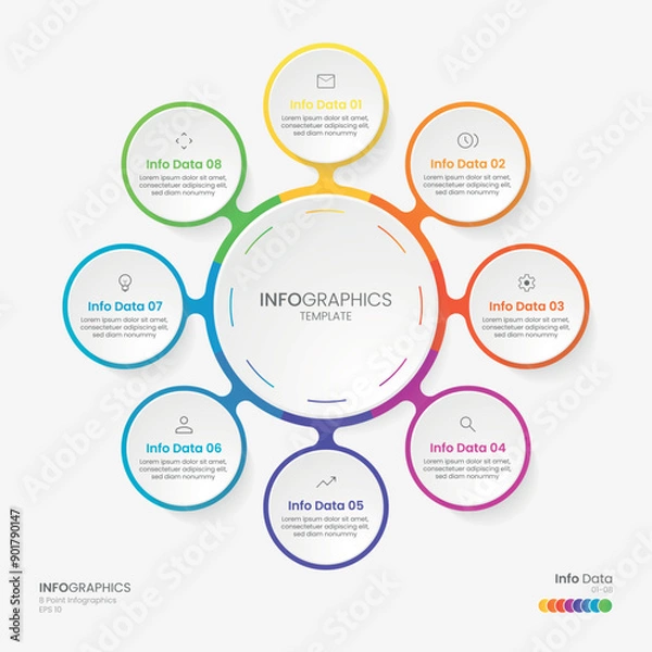 Fototapeta Business minimal Infographics template. 8 steps rounded timeline with options and marketing icons .Vector rounded infographic with eight circle connected elements. Design can be use for presentation.