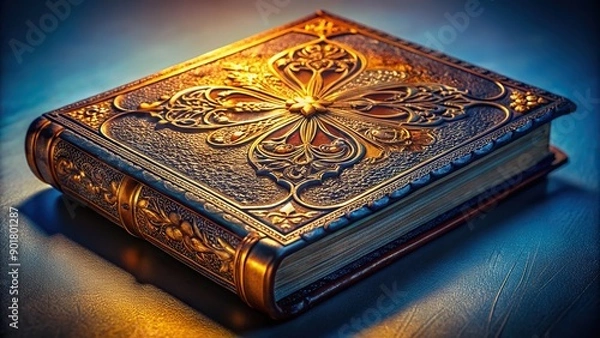 Fototapeta Vibrant, ornate illustration of Holy Scripture's worn leather cover, adorned with golden filigree, against a subtle, gradient blue background, evoking spirituality.