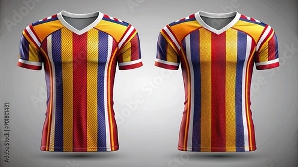 Fototapeta Vibrant football jersey template with bold graphics, dynamic stripes, and modern fonts, showcasing front and back views of the athletic wear.
