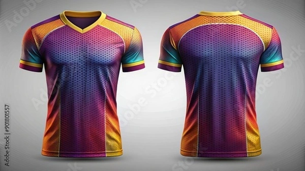 Fototapeta A sleek, modern, blank football jersey template with vibrant colors and intricate design details, showcasing front and back views.