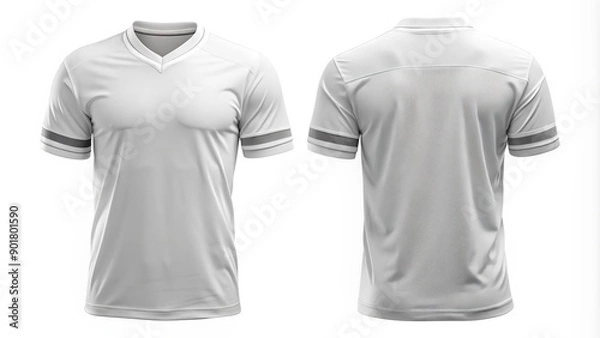 Fototapeta Blank white football jersey with sleeve cuffs and collar, front and back views, empty space for customized name and number design.