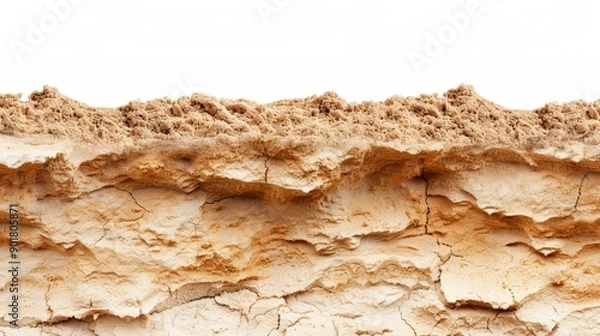 Fototapeta Close-up of a cracked, dry soil layer against a white background, representing drought, erosion, and arid environments.