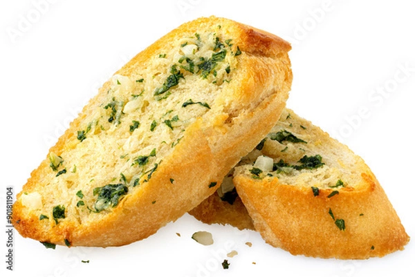 Obraz Two slices of garlic bread with fresh parsley isolated on white.