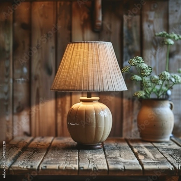 Fototapeta Elegant table lamp with beige shade illuminating rustic wooden table, creating cozy and warm atmosphere in vintage interior