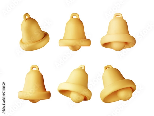 Fototapeta 3D set of notification bell icon. Collection of golden render ringing bell. Gold school bell. Retro christmas ring handbell. Alert and alarm. Social media notification reminder. Vector illustration