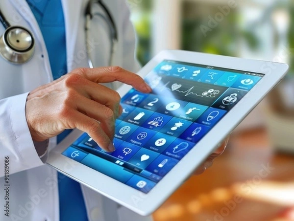 Fototapeta Doctor reviewing a patient's medical records on a tablet device
