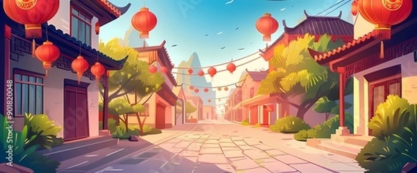 Obraz Old Chinese town street in summer. Vector cartoon illustration of Asian houses and cobbled road in city decorated with traditional red paper lanterns