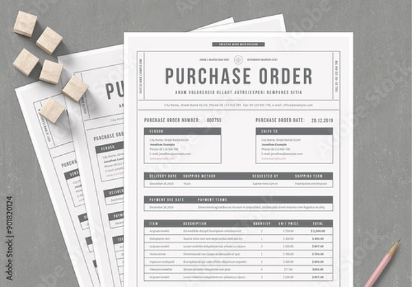 Fototapeta Comprehensive Purchase Order Template with many Options and Tabular Layout in Beige and Dark Gray Elements