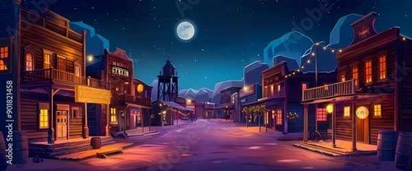 Obraz Wild west city or village landscape at night. Western America wooden architecture on empty town street under moonlight. Neighborhood with sheriff office and bank, saloon and hotel.