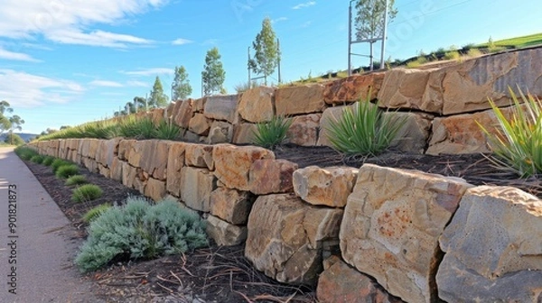 Fototapeta Sandstone block retaining wall along the road