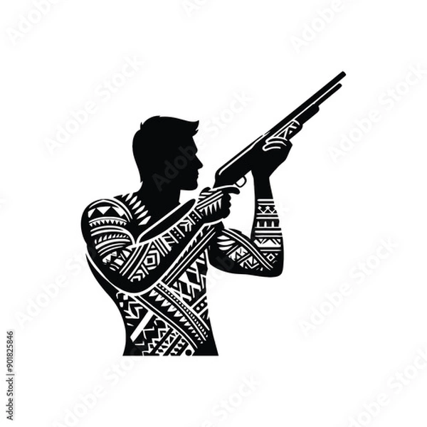 Fototapeta Sporting Clays sport male player with ethnic polynesia pattern illustration, emblem shield badge