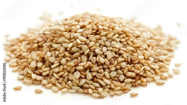 Fototapeta Close-up of Organic White Sesame seeds (Sesamum indicum) or white Til with shell in white ceramic bowl with the gradient background of White Sesame seeds. Close-up of Organic White Sesame seed
