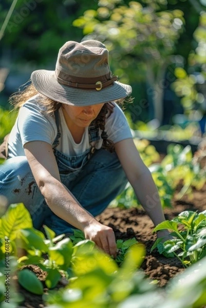 Fototapeta Community Garden Volunteering - Overweight Woman Planting Seeds, Collaborative Atmosphere
