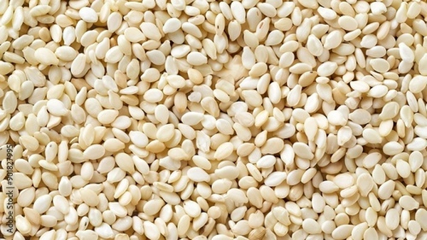 Fototapeta Close-up of Organic White Sesame seeds (Sesamum indicum) or white Til with shell in white ceramic bowl with the gradient background of White Sesame seeds. Close-up of Organic White Sesame seed

