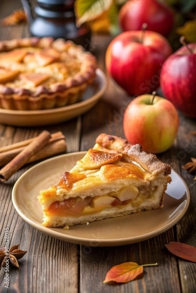 Fototapeta Slice of apple pie on a plate with apples and cinnamon sticks in the background. Cozy autumn dessert scene