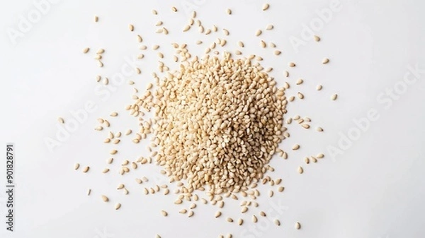 Fototapeta Close-up of Organic White Sesame seeds (Sesamum indicum) or white Til with shell in white ceramic bowl with the gradient background of White Sesame seeds. Close-up of Organic White Sesame seed
