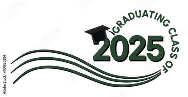 Obraz White background - Graduating Class of 2025 in green text in a circle around the year. 2025 in dark green text. A Graduation cap with a black tassel sits on top of the year. Wavy green lines accent.