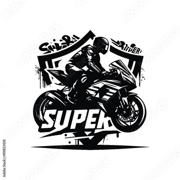 Fototapeta Superbike sport male player with graffiti tags, street art pattern illustration, emblem shield badge