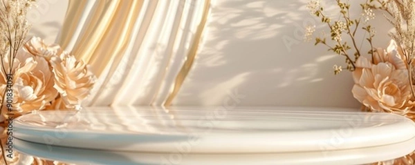 Fototapeta White Circular Platform with Floral Accents and Draped Fabric