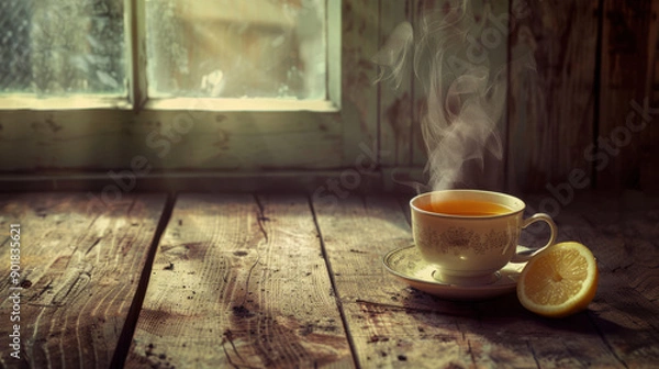 Fototapeta A steaming cup of tea with a lemon slice, placed on a vintage wooden table