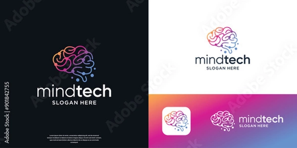 Fototapeta brain tech logo, connect line circuit dot symbol. brain connection tech logo vector illustration.