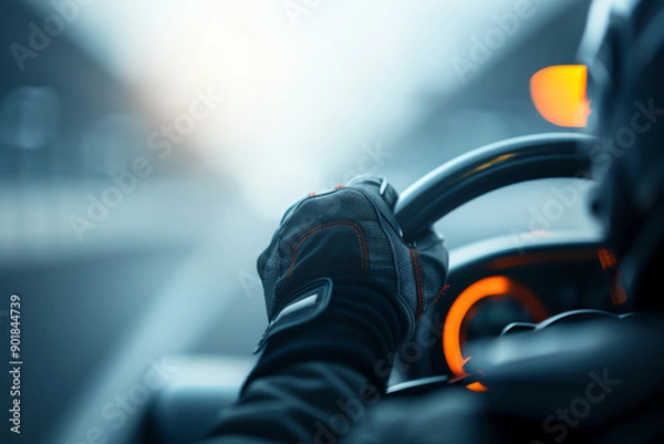 Fototapeta Intense closeup of the F1 car s steering column and the driver s gloves gripping it, F1 car, control and precision