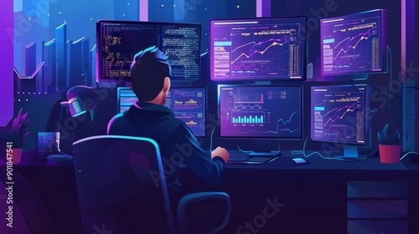 Fototapeta DevOps Engineer Setting Up CI/CD Pipeline in High-Tech Workspace with Multiple Monitors