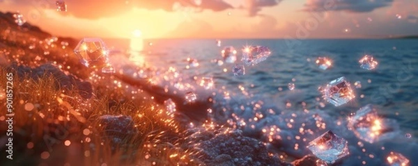 Fototapeta Enchanting Dreamscape at Sunset with Sparkling Crystals Floating Over a Serene Ocean