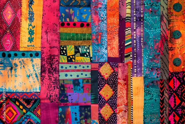 Fototapeta 
Produce an artwork of a colorful carpet in a mixed media style, blending fabric swatches, paint strokes, and collage techniques. Creative natural print for fabric, wallpaper, rug or background
