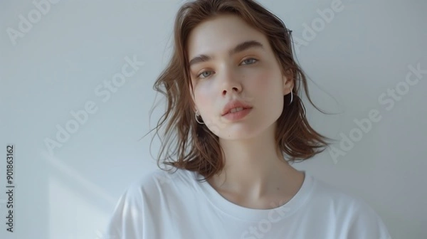 Fototapeta Individual wearing a white tee posing dramatically against a simple background perfect for marketing or promotional materials
