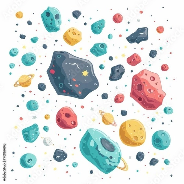 Obraz Asteroid belt, educational space elements, flat design illustration, scattered, isolated on white background