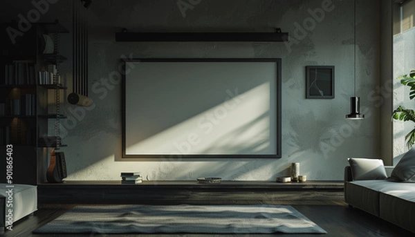 Fototapeta Modern living room with floating shelves with empty frame