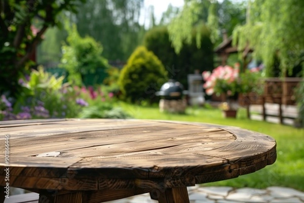 Obraz Summer time backyard garden with grill BBQ, empty round wooden table, blurred background