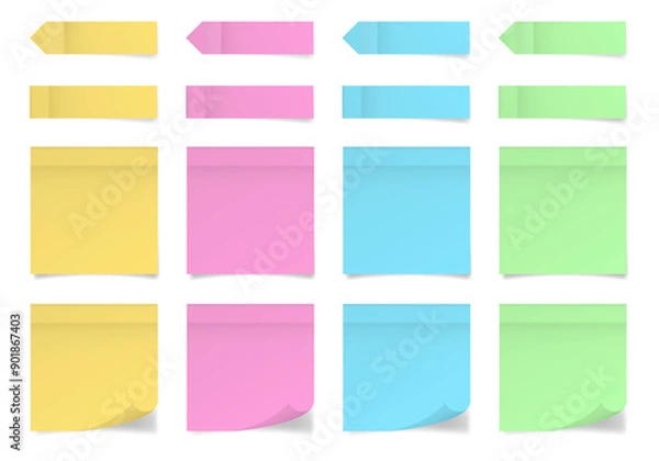 Fototapeta Set of square paper stickers. Stick in notes. Green, yellow, pink and blue colors. Multicolor post it notes. Sheets of paper. Tag, sticky note. Pointed bookmarks	