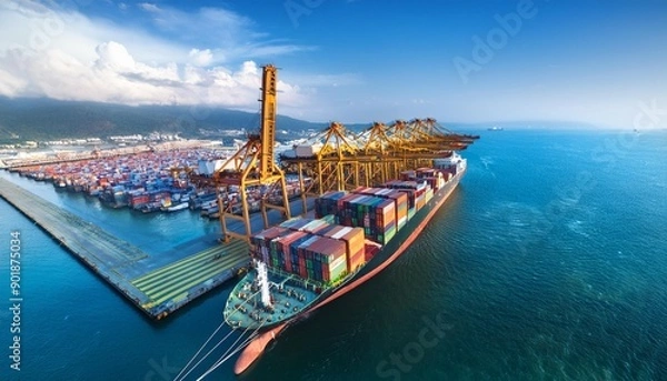 Fototapeta Aerial top view container ship in export and import business and logistics Shipping cargo to harbor by crane