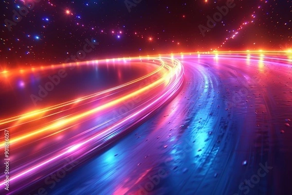 Fototapeta A colorful, neon-lit road with a bright orange line