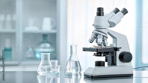 Fototapeta A talented scientist sits in his lab while using a microscope to look for microscopic organisms in a test sample, microscope It is used by researchers to find new medicines to treat people