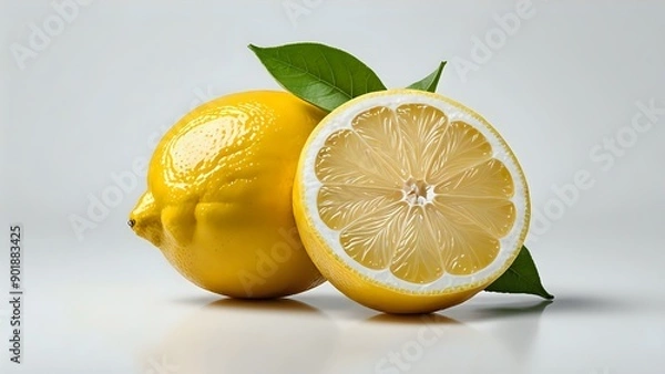 Fototapeta A whole lemon and a lemon half with leaves on a white background.