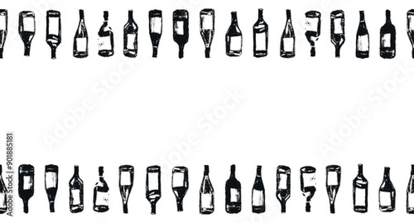 Fototapeta Template banner with red wine bottles pattern seamless. Hand-drawn coal sketches of red wine and white wine in vector. Winery frame design, grape alcohol pattern.