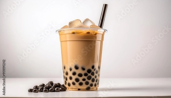 Obraz Realistic boba tea with ice with white background, ai generated