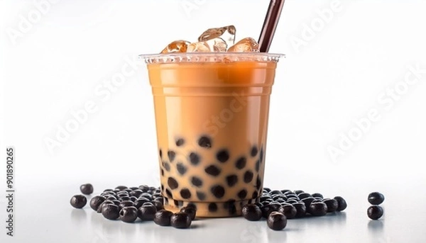 Obraz Realistic boba tea with ice with white background, ai generated