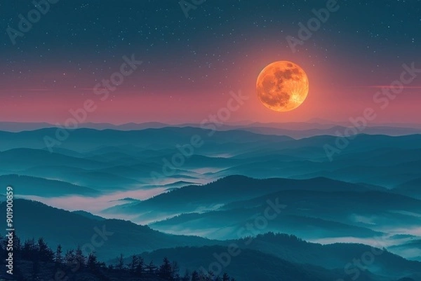 Fototapeta A large red moon is in the sky above a mountain range